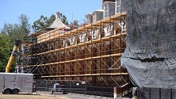 Scaffolding surrounds Gerlinger Hall during exterior renovations