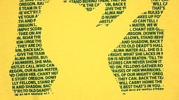 T-shirt design showing lyrics of Mighty Oregon in shape of the state of Oregon.
