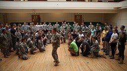 Cadets from the UO's Army ROTC program gather for a briefing in Agate Hall.