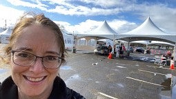 Vicki Strand at a drive-through vaccination clinic for Lane County Public Health