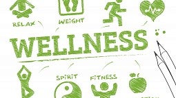 The word 'Wellness' surrounded by logos showing physical activities.