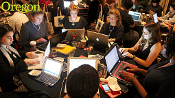 Participants busily at work during The Night of Writing Dangerously. Photograph by Veronica Weber