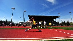 Cyrus Hostetler throwing the javelin at Hayward Field.