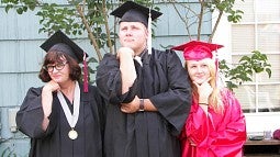 Sharleen Nelson with her son Cory Huffman, BA '07 (religious studies) and daugher Kaylee Crum (Huffman), BA '16 (sociology) posing in a "Then and Now" photo. Photo Courtesy of Sharleen Nelson