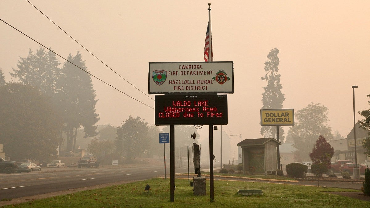 Wildfire smoke in the town of Oakridge