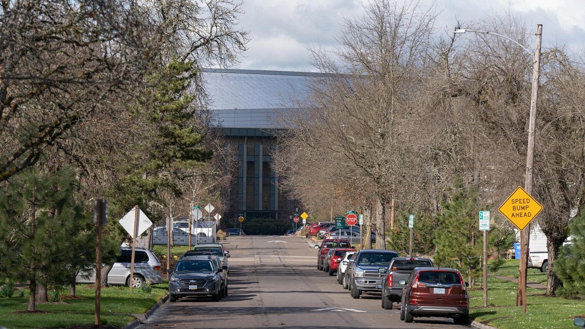 view of parking lot next to Matthew Knight Arena