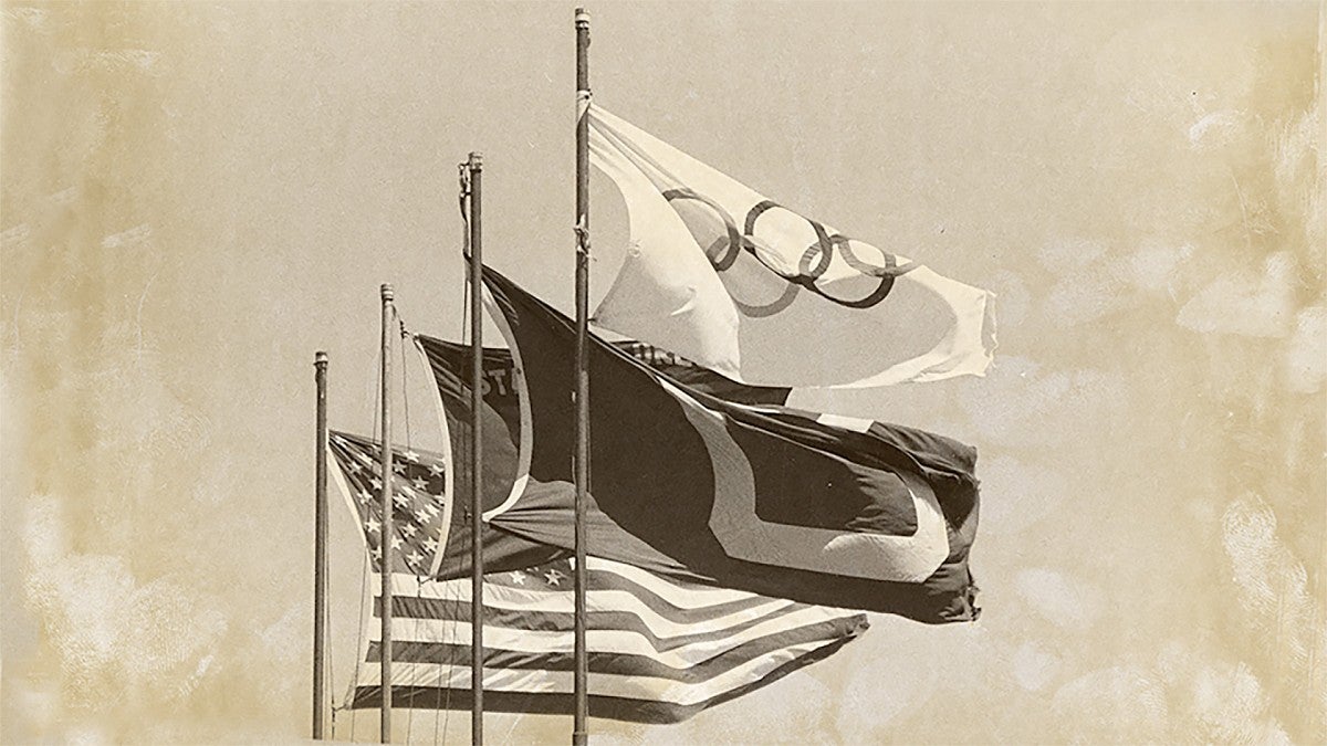 The US, Oregon, UO and Olympic flags