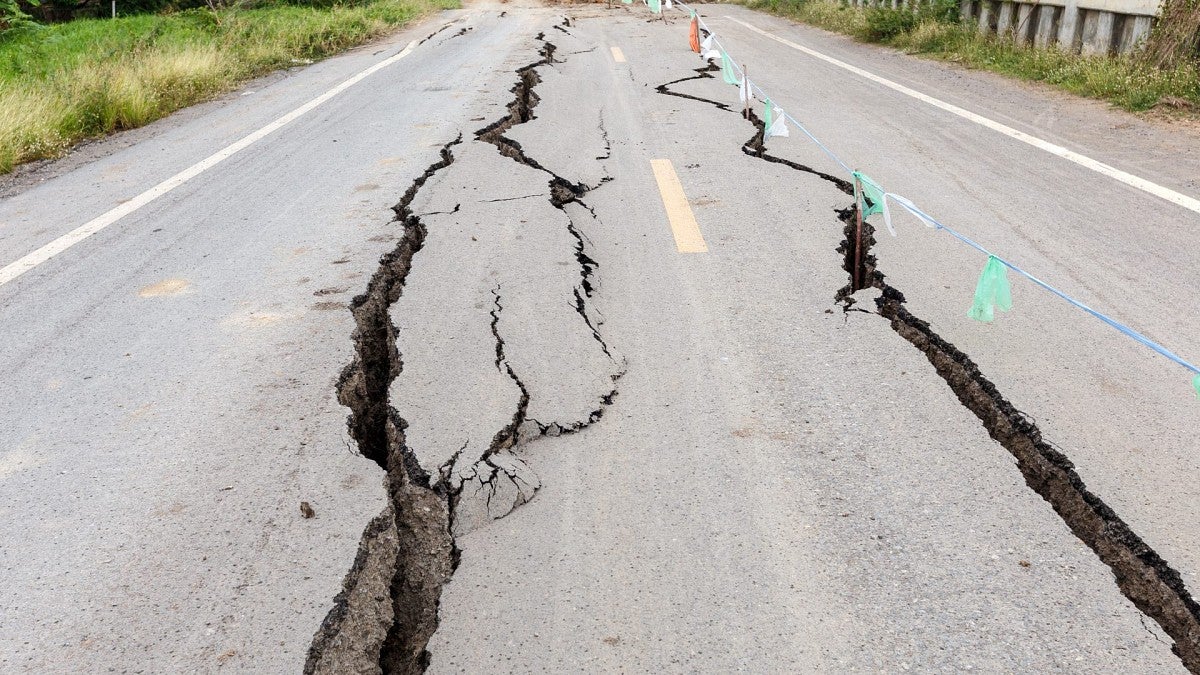 cracked roads due to ground deformation from an earthquake