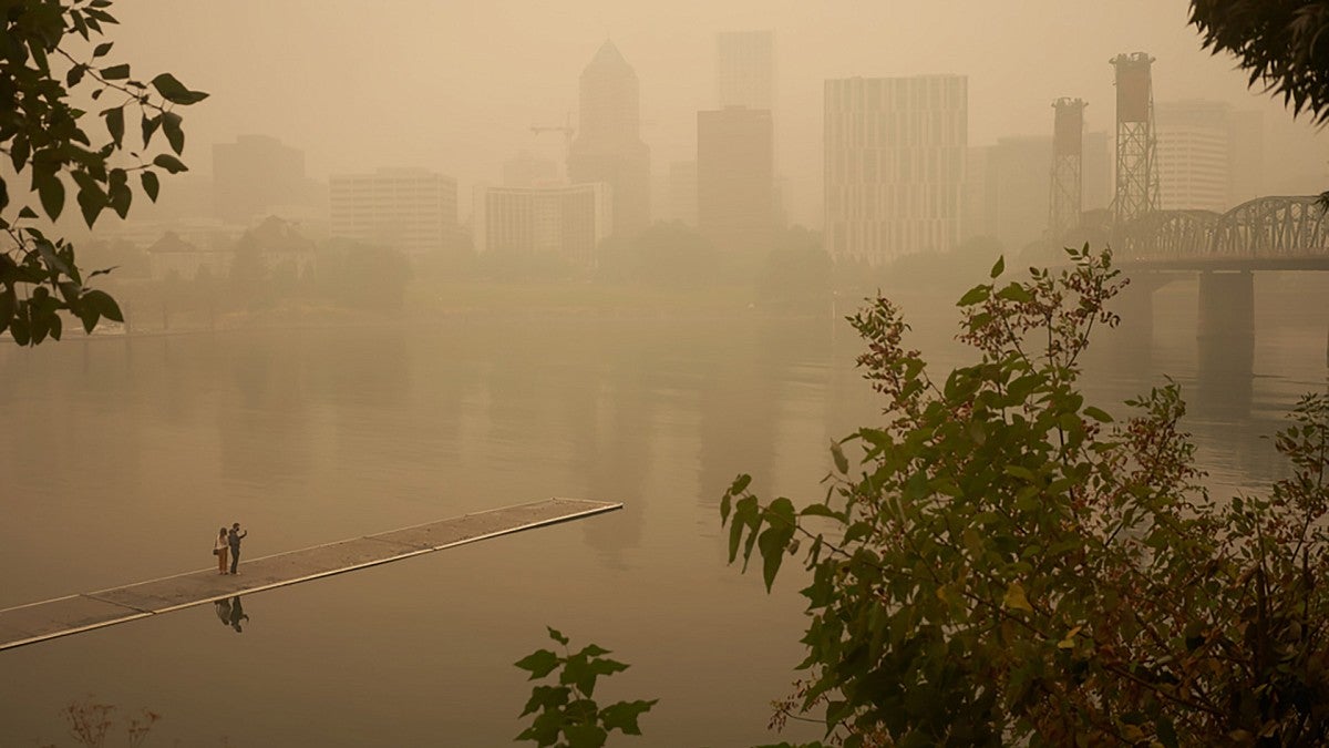 Wildfire smoke obscuring the Portland skyline