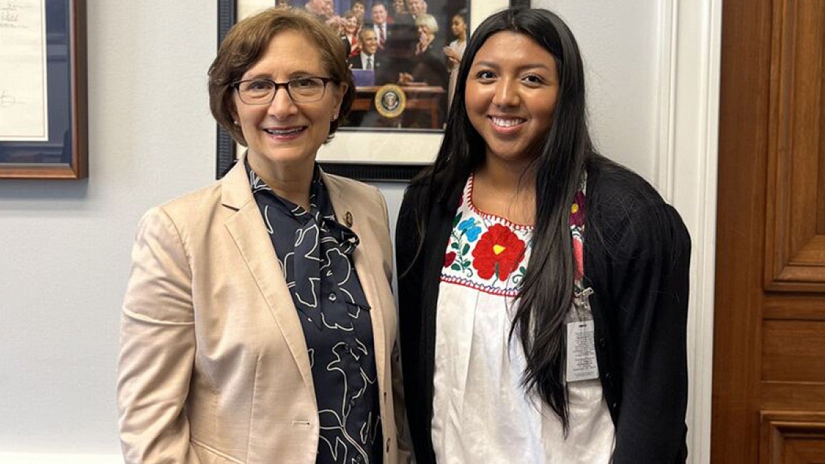 Chelsea Alatriste Martinez with U.S. Representative Suzanne Bonamici in the Congresswoman 's office.