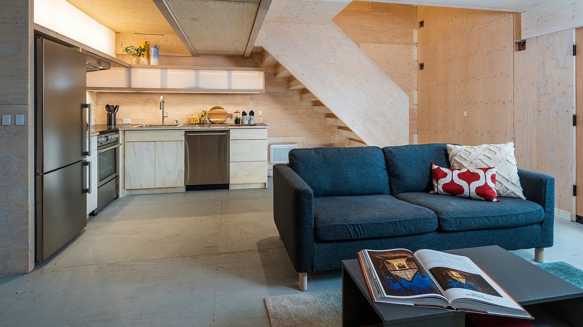 Living area of a test home built with mass timber