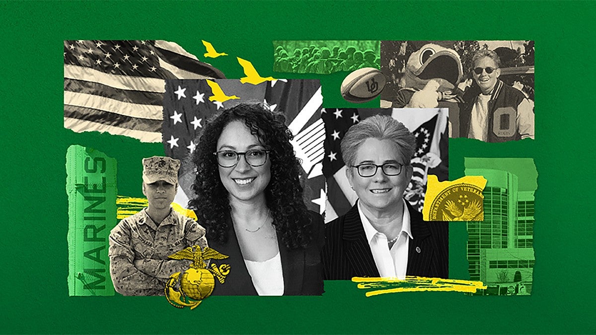 Collage of student veteran images with Jennifer Esparza and Cassandra Law in front