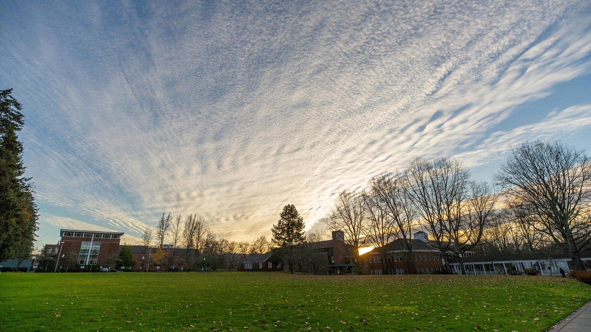 buildings on the UO Eugene campus at sunset