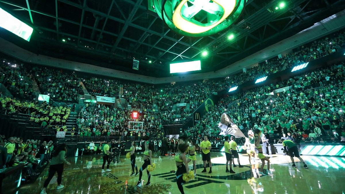 on-court pregame show with cheerleaders before basketball game in Matthew Knight Arena 