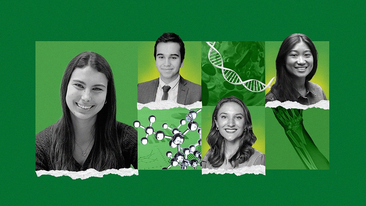 Illustration with photos of students amid science-related icons