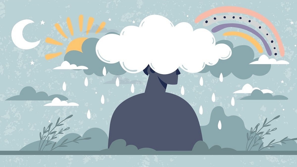 head in the clouds with rainbow, sun, moon