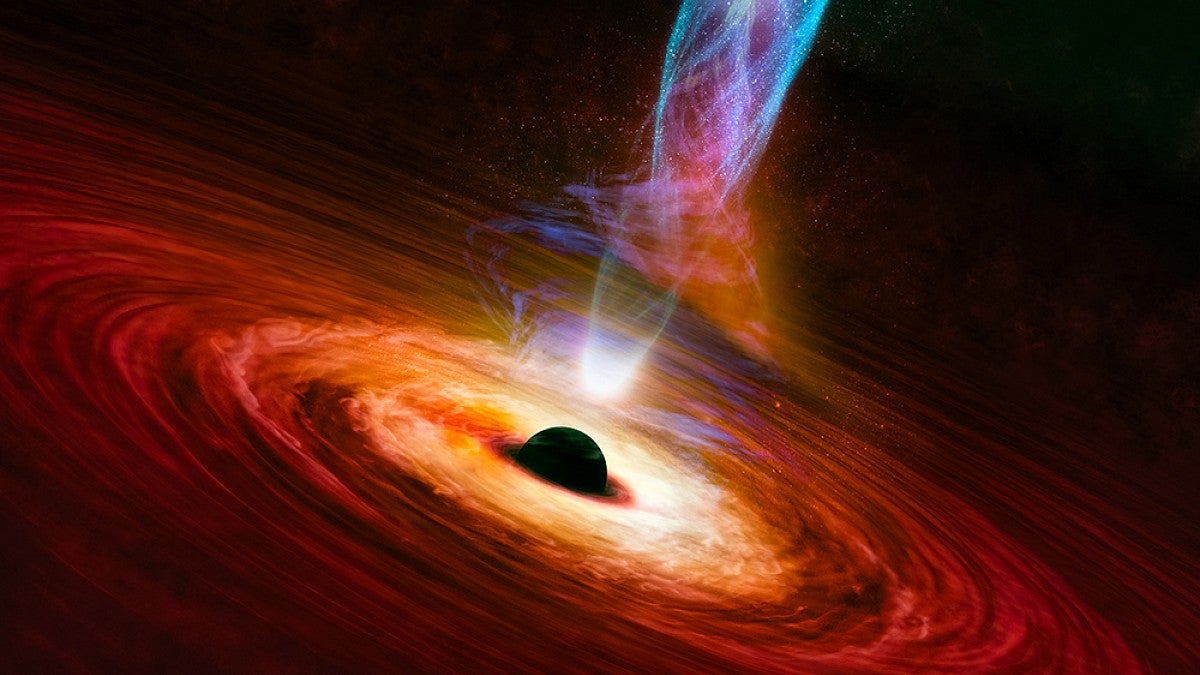 A column of energy emerges from a black hole in an artist rendering