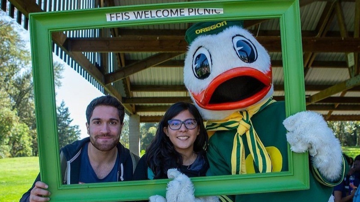 international students with The Duck in frame