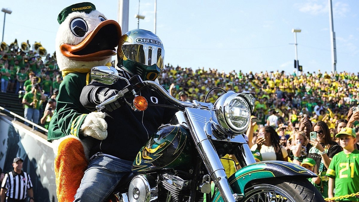 The Duck on motorcycle in Autzen Stadium