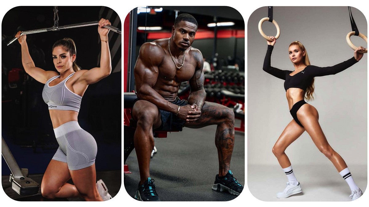 Three images of attractive, muscular fitness influencers