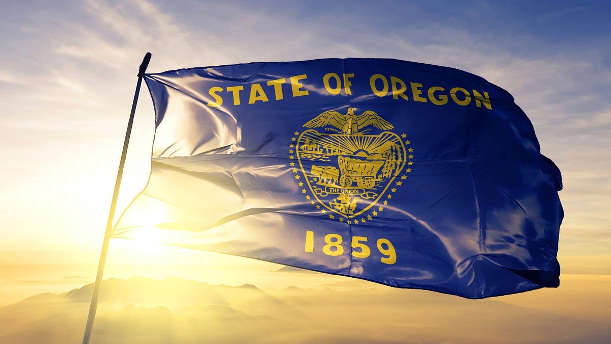 Oregon state flag whipping in the wind