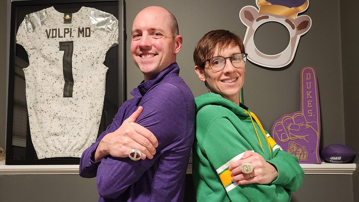 The Volpis are accustomed to football success — Joe sports a ring from JMU’s 2024 victory at the Boca Raton Bowl, Jen wears the Ducks’ ring from their 2024 Fiesta Bowl win