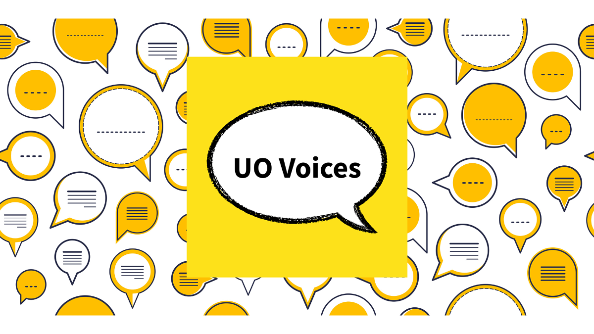 Word bubble that says UO Voices with a background of more blank work bubbles 