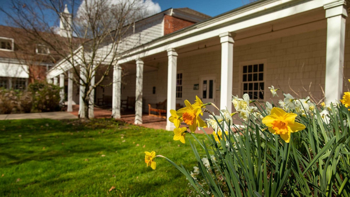 Lokey Education building with daffodils