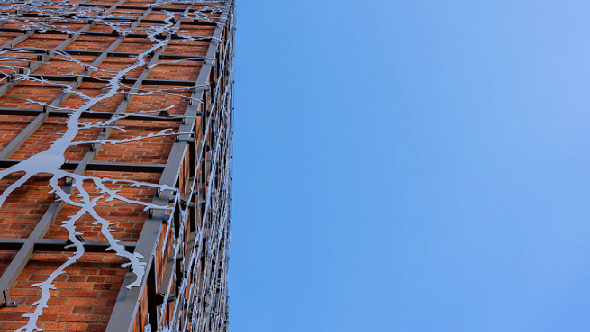 Metal art shaped like neurons on the side of a building