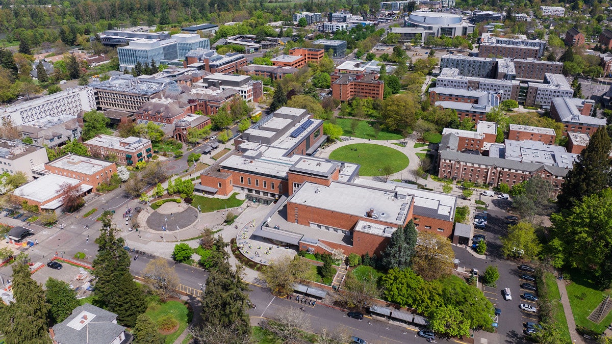 An aerial view shows the University of Oregon