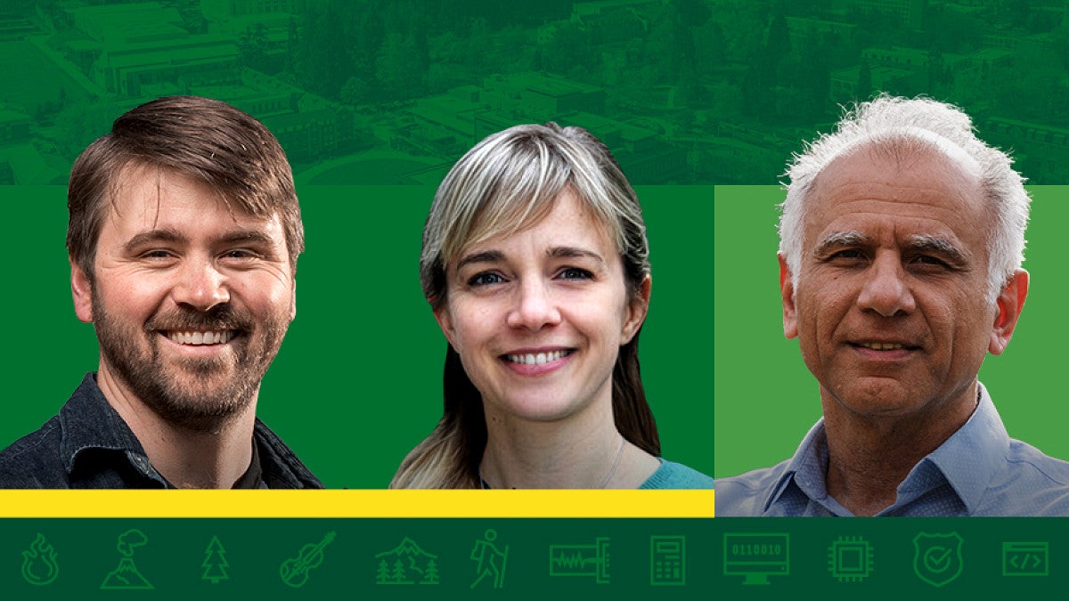 Three faculty headshots on a green background with icons relating to volcanology, seismology, and cybersecurity lining the bottom of the graphic