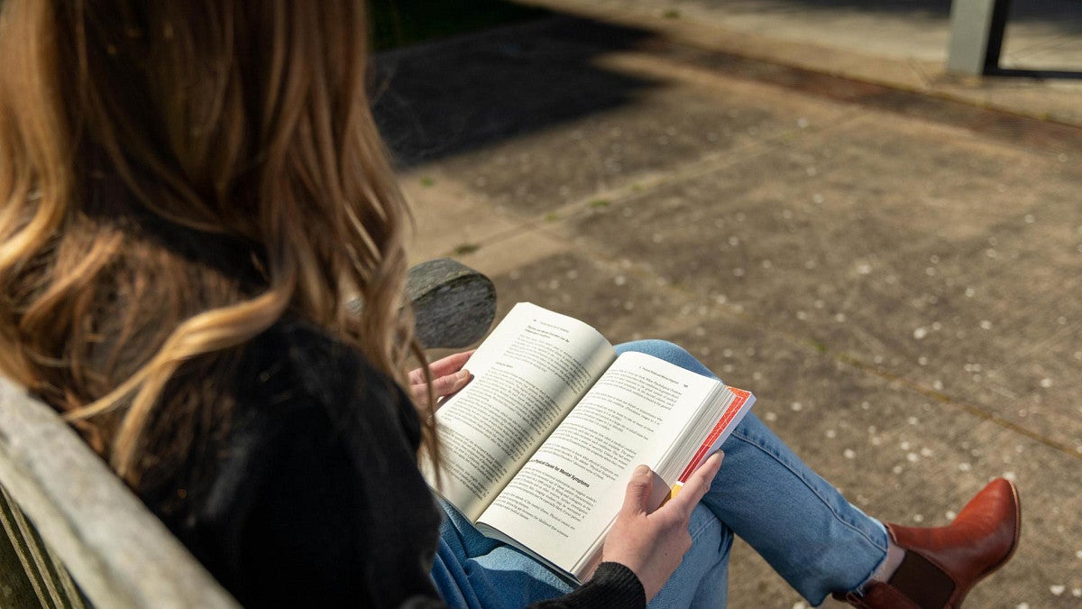 A person reads on a bench