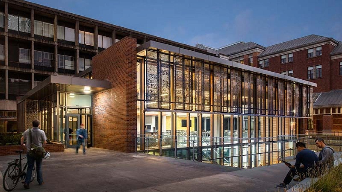 Twilight image of building exterior, Price Science Commons and Research Library.