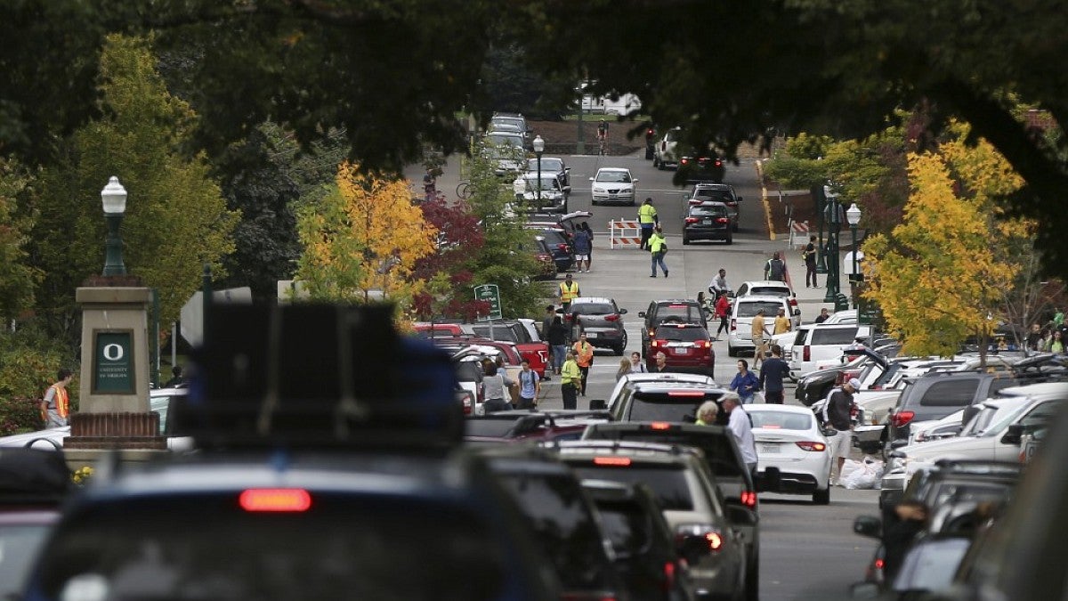 Traffic around residence halls on move-in day.