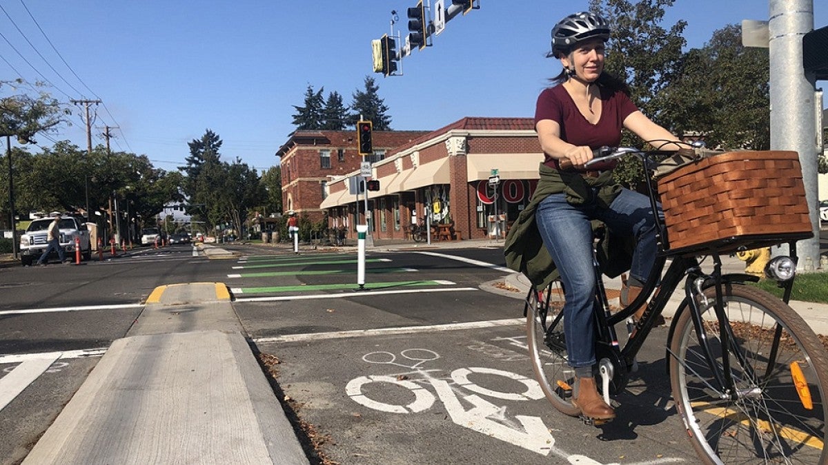 A cyclist on the new bikeway