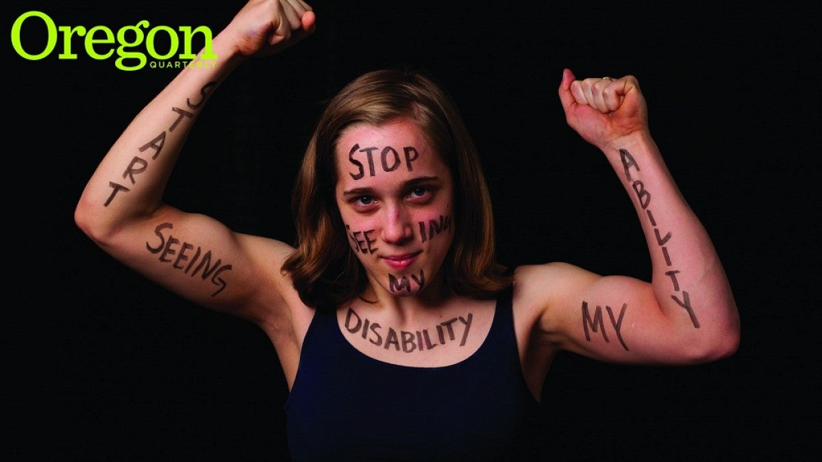 Oregon senior, Antonia DeMichiel uses crutches walk due to cerebral palsy. Her message, "Stop seeing my disability. Start seeing my ability." Photograph by Robert Fogarty