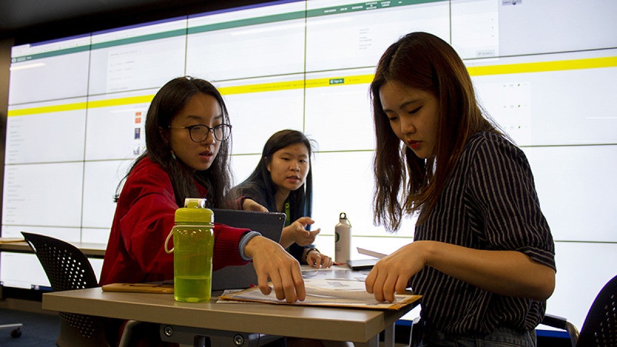 Students doing library research