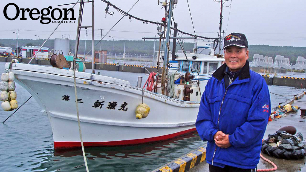 Tatsuo Tachibana with his fishing boat, the Shinryu Maru No. 3, in which he rode out the tsunami that struck Japan on March 11, 2011. Photograph by Bonnie Henderson