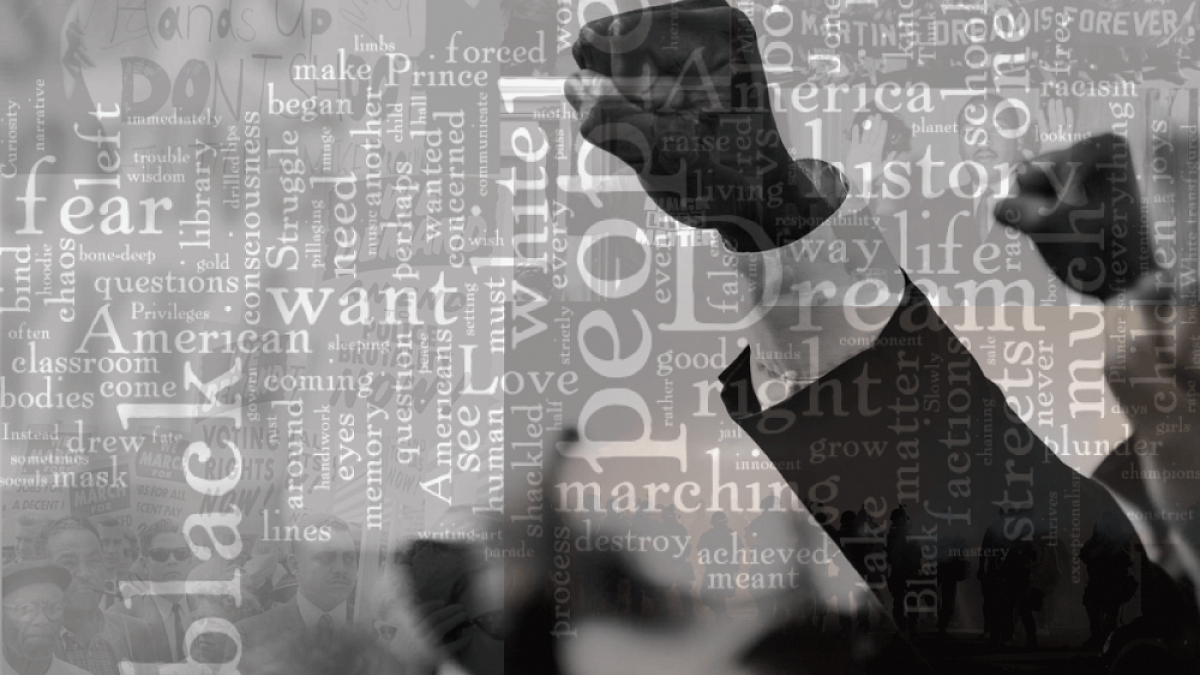 Word cloud image with Black Power salute