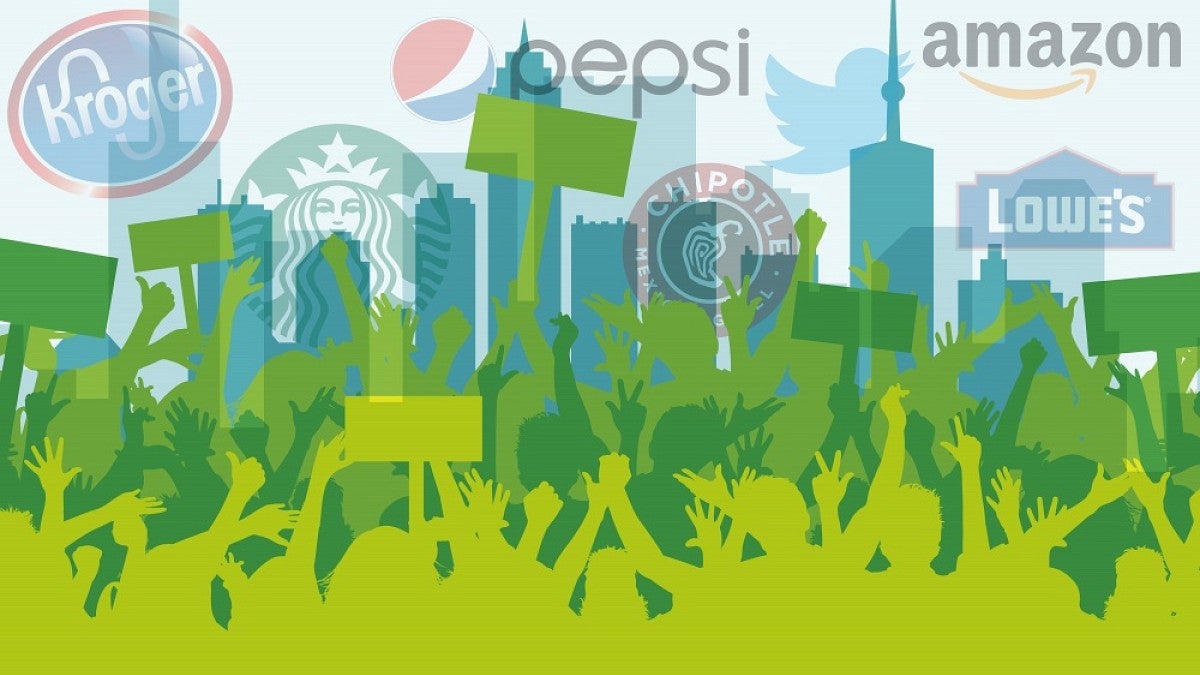 Silhouette of protesters and company logos