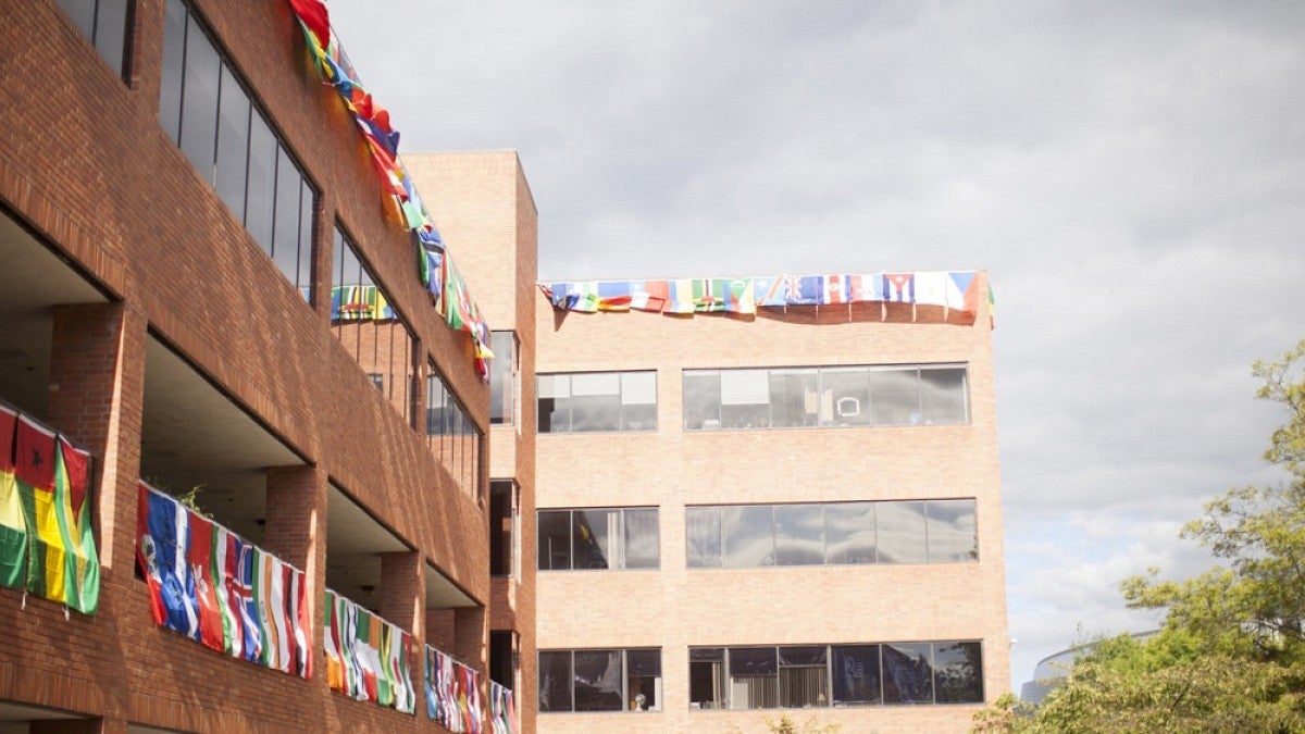 International flags on Oregon Hall