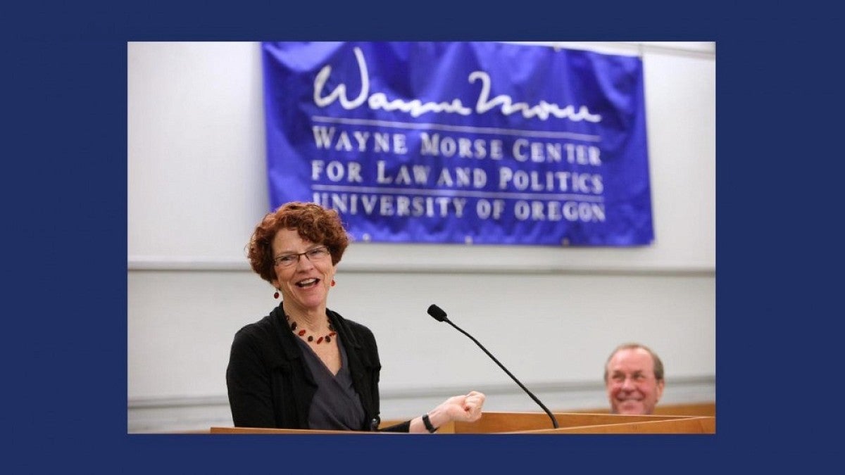 Margaret Hallock introducing the governor at a Morse Center event
