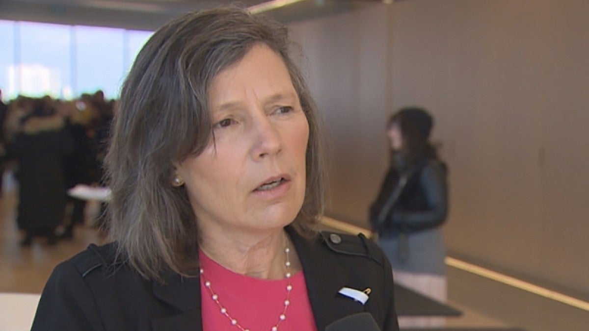 Jennifer Freyd talks with the CBC after the symposium in Toronto (Photo by CBC)