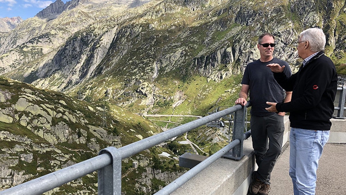 Mark Carey chats with Wilfried Haeberli, a glaciologist at the University of Zurich