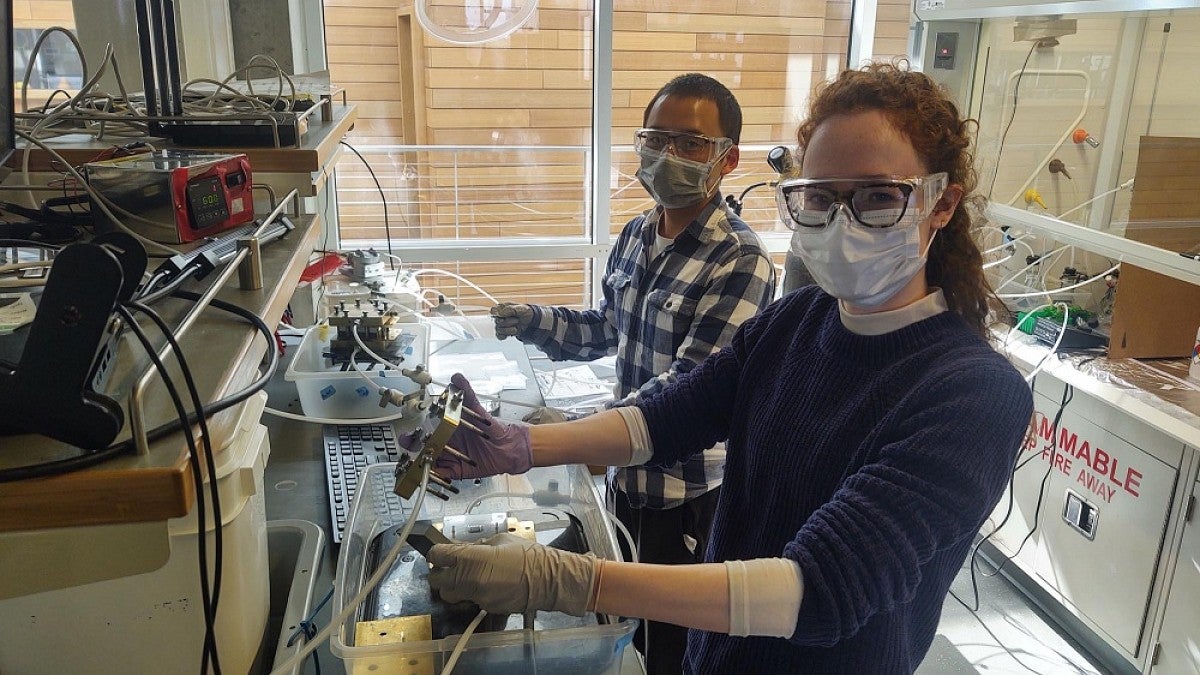 Students working on an electrolyzer in lab