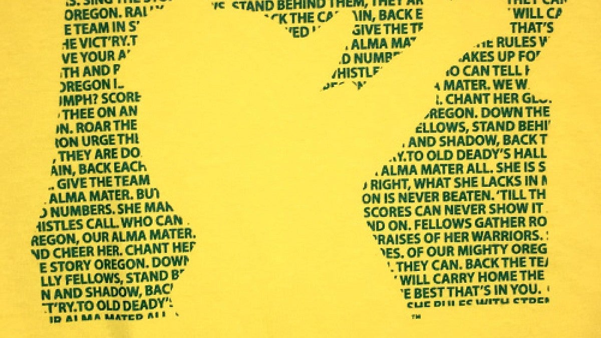 T-shirt design showing lyrics of Mighty Oregon in shape of the state of Oregon.