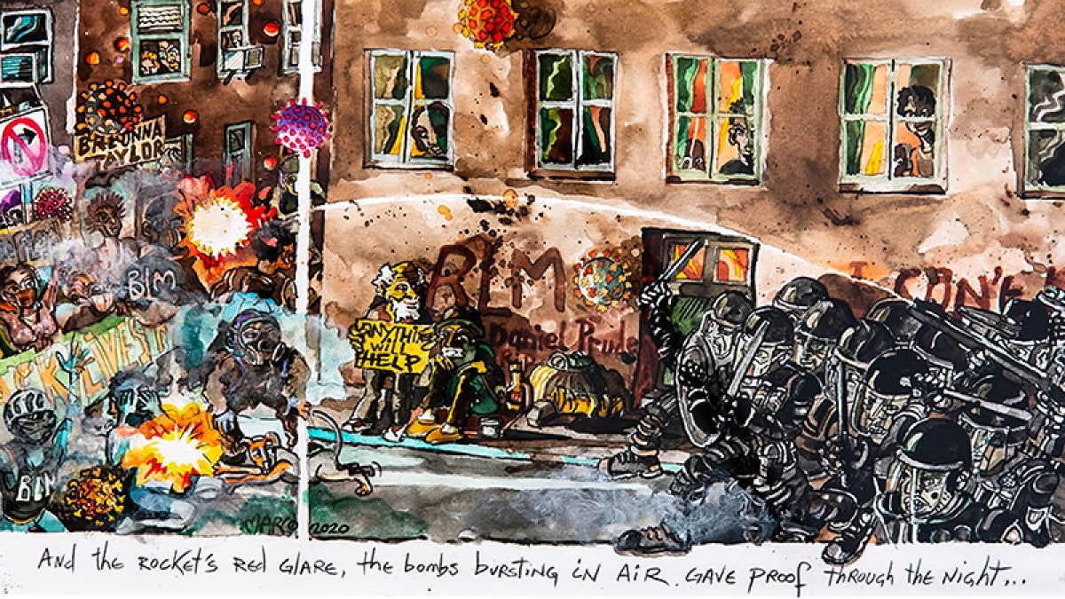 Detail from 'And by the rocket’s red glare, the bombs bursting in air...' by Marco Elliott