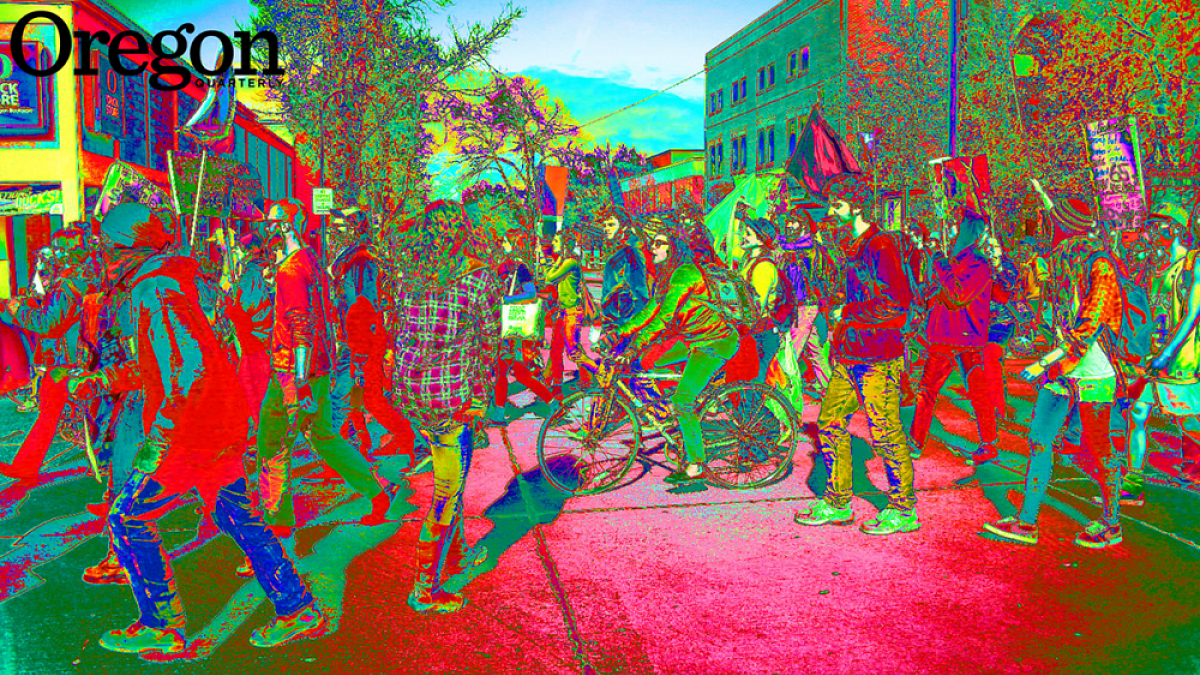 Protesters march along 13th Avenue in Eugene on February 17, 2013, following the student-organized Social Justice, Real Justice conference. Photograph illustration by Tim Jordan