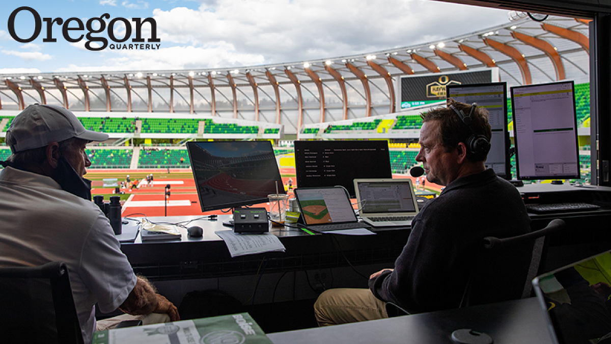 Paul Swangard sits in Hayward Field booth (courtesy Paul Swangard)