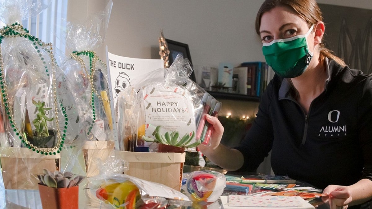 Susan Ordonez with care package materials